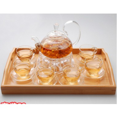 Bộ ấm pha trà thủy tinh chịu nhiệt, kèm khay trúc B22211